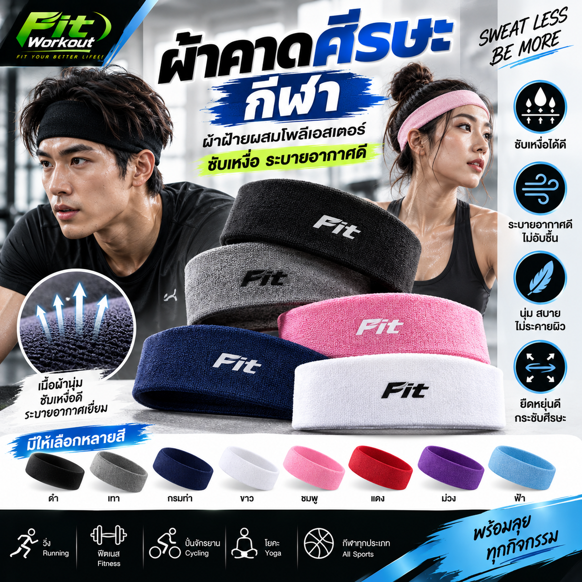 ผ้าคาดศีรษะกีฬา ผ้าฝ้ายผสมโพลีเอสเตอร์ ซับเหงื่อระบายอากาศดี