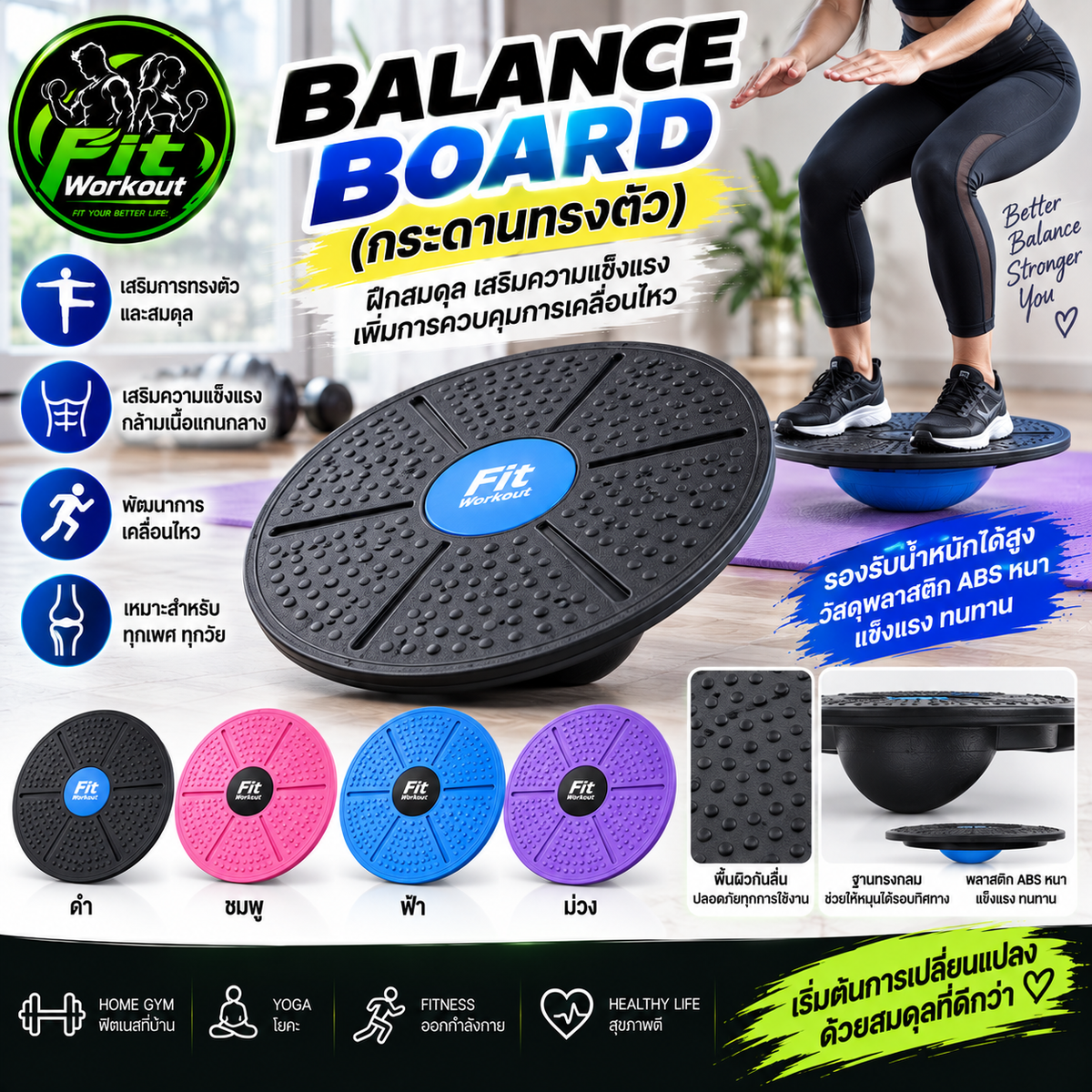 Balance Board (กระดานทรงตัว)	พลาสติก ABS หนา รองรับน้ำหนักได้สูง